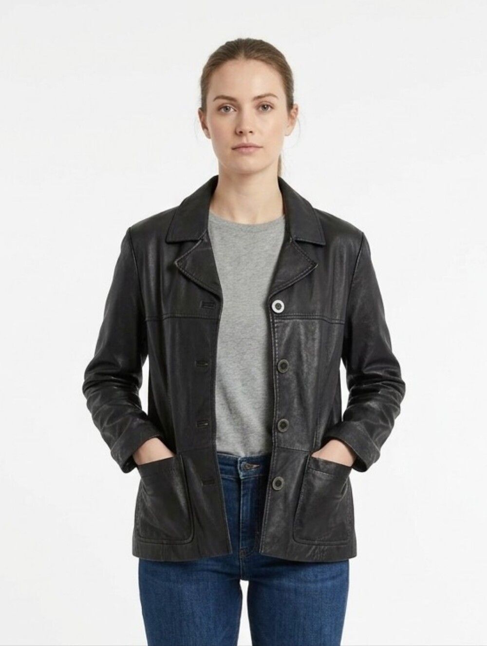 Vintage Bagatelle 90s Black Genuine Leather Button Front Barn Shacket Jacket M